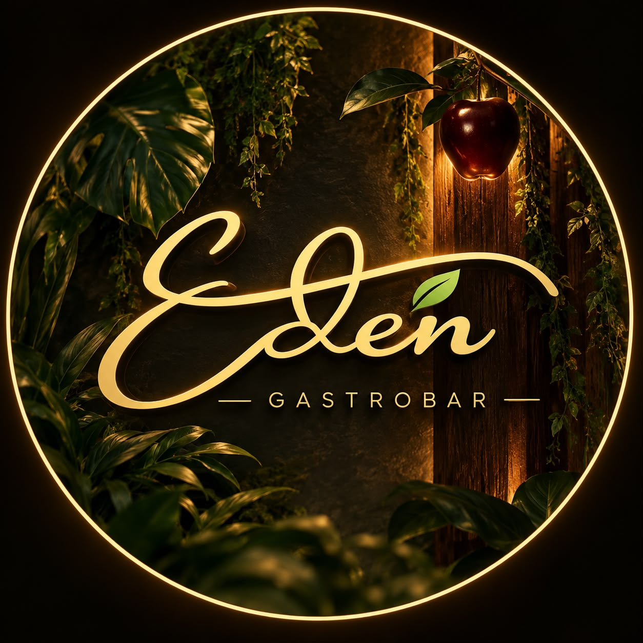 Eden Gastrobar gold script logo surrounded by lush green foliage
